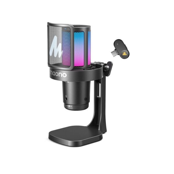 MAONO DGM20W Wireless Gaming Microphone – USB Condenser Mic with Noise Cancellation, RGB Lighting & TFT Software Control, Black