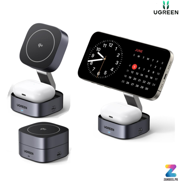 UGREEN MagFlow Qi2 Magnetic Foldable Charging Station (35316) – 2-in-1 Wireless Charger for iPhone & AirPods, Dark Grey